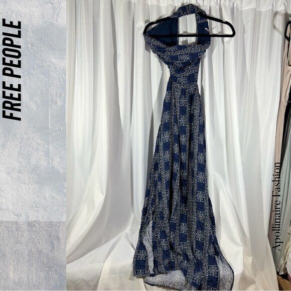 FREE PEOPLE PEYTON MAXI DRESS SIDE SLITS IN NAVY COMBO NWOT LARGE - Picture 6 of 8